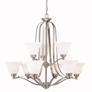 Langford 30.5&#34; 9 Light 2 Tier Chandelier with Satin Etched White Glass in Brushed Nickel