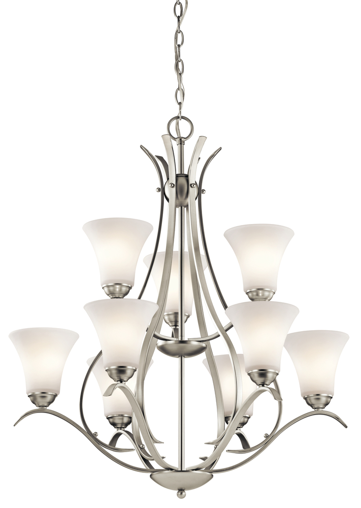 Keiran 33.25&#34; 9 Light Chandelier with Satin Etched White Glass in Brushed Nickel
