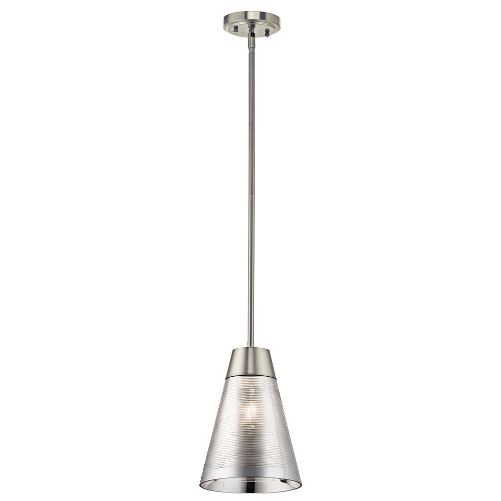 Rowland 11.5&#34; 1 Light Mini Pendant with Striated Mirrored Glass in Brushed Nickel