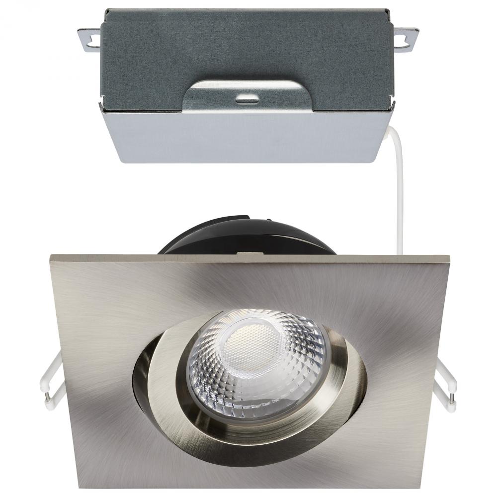 12 Watt LED Direct Wire Downlight; Gimbaled; 4 Inch; CCT Selectable; Square; Remote Driver; Brushed