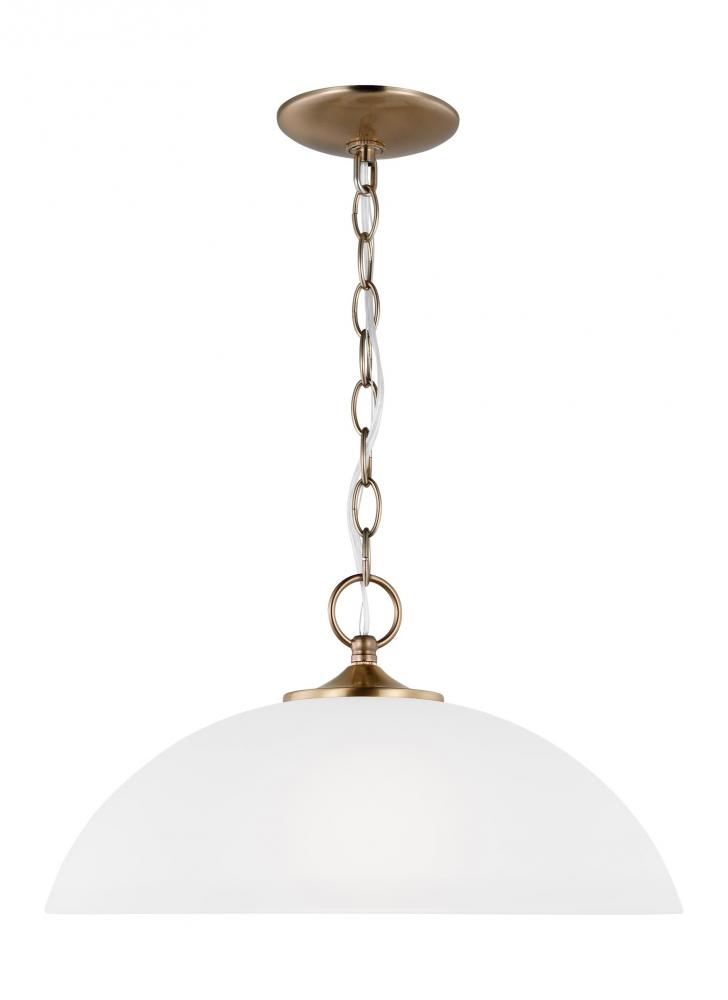 Geary traditional indoor dimmable LED 1-light pendant in satin brass with a satin etched glass shade
