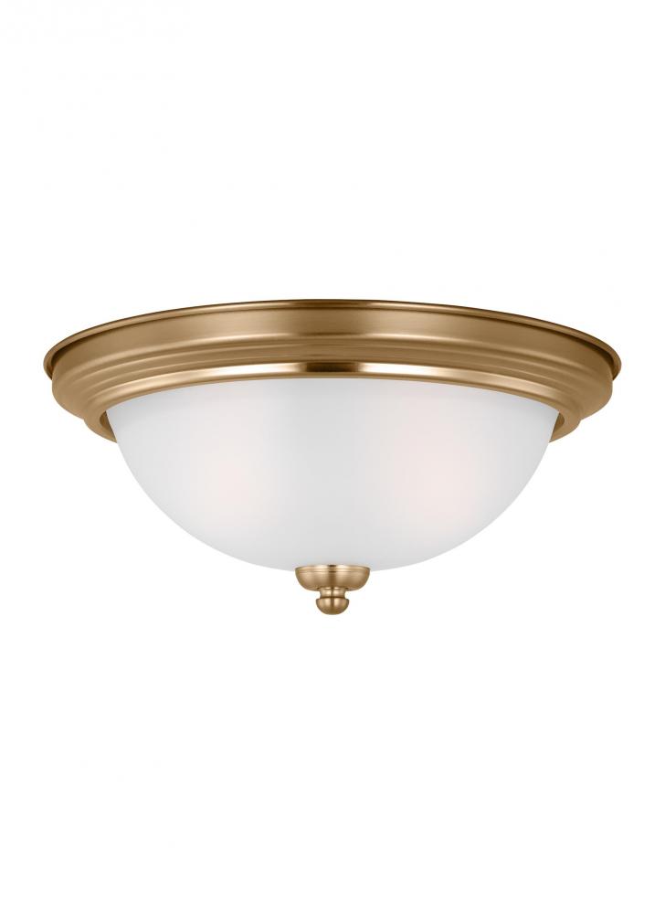 Geary traditional indoor dimmable LED 2-light ceiling flush mount in satin brass with a satin etched