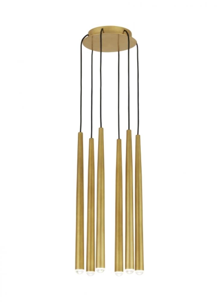 Modern Pylon dimmable LED 6 Light Ceiling Chandelier in a Natural Brass/Gold Colored finish