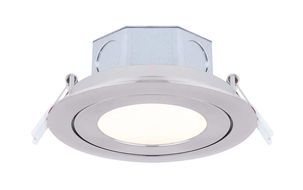LED Recess Downlight, 4&#34; Brushed Nickel Color Gimbal Trim, 9W Dimmable, 3000K, 500 Lumen