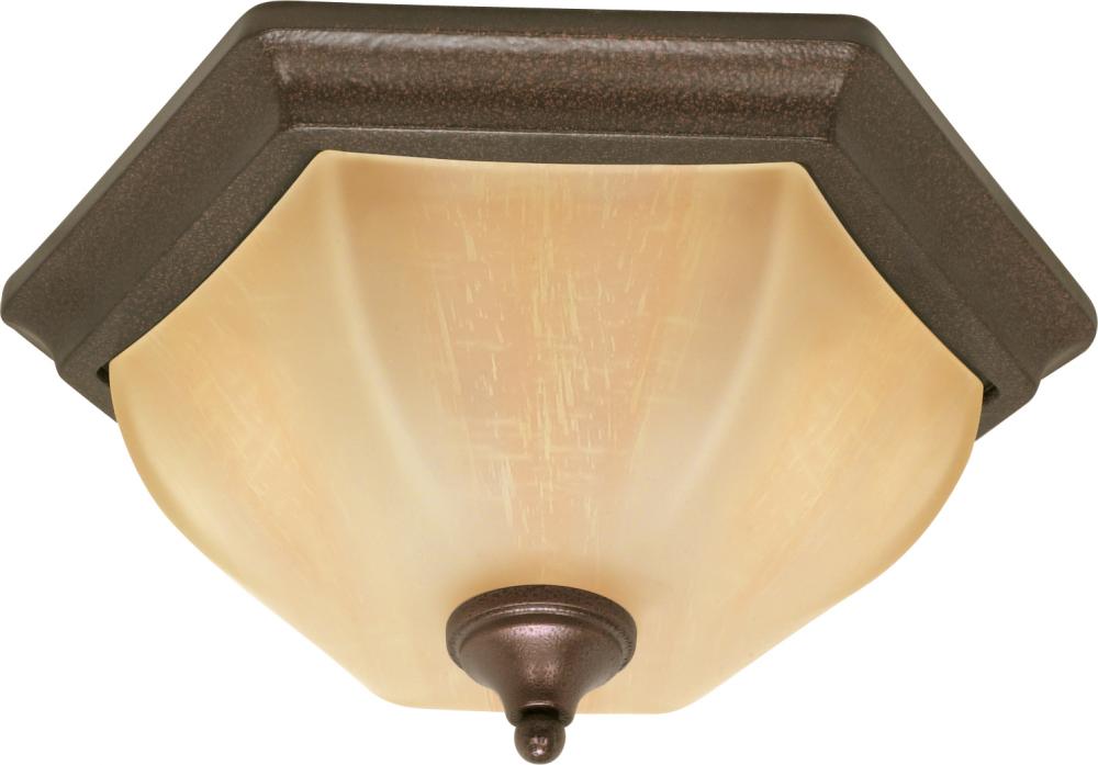 2-Light 16&#34; Copper Bronze Flush Ceiling Light Fixture with Champagne Washed Linen Glass