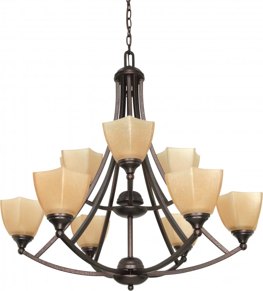 9-Light 32&#34; Copper Bronze Chandelier with Champagne Washed Linen Glass