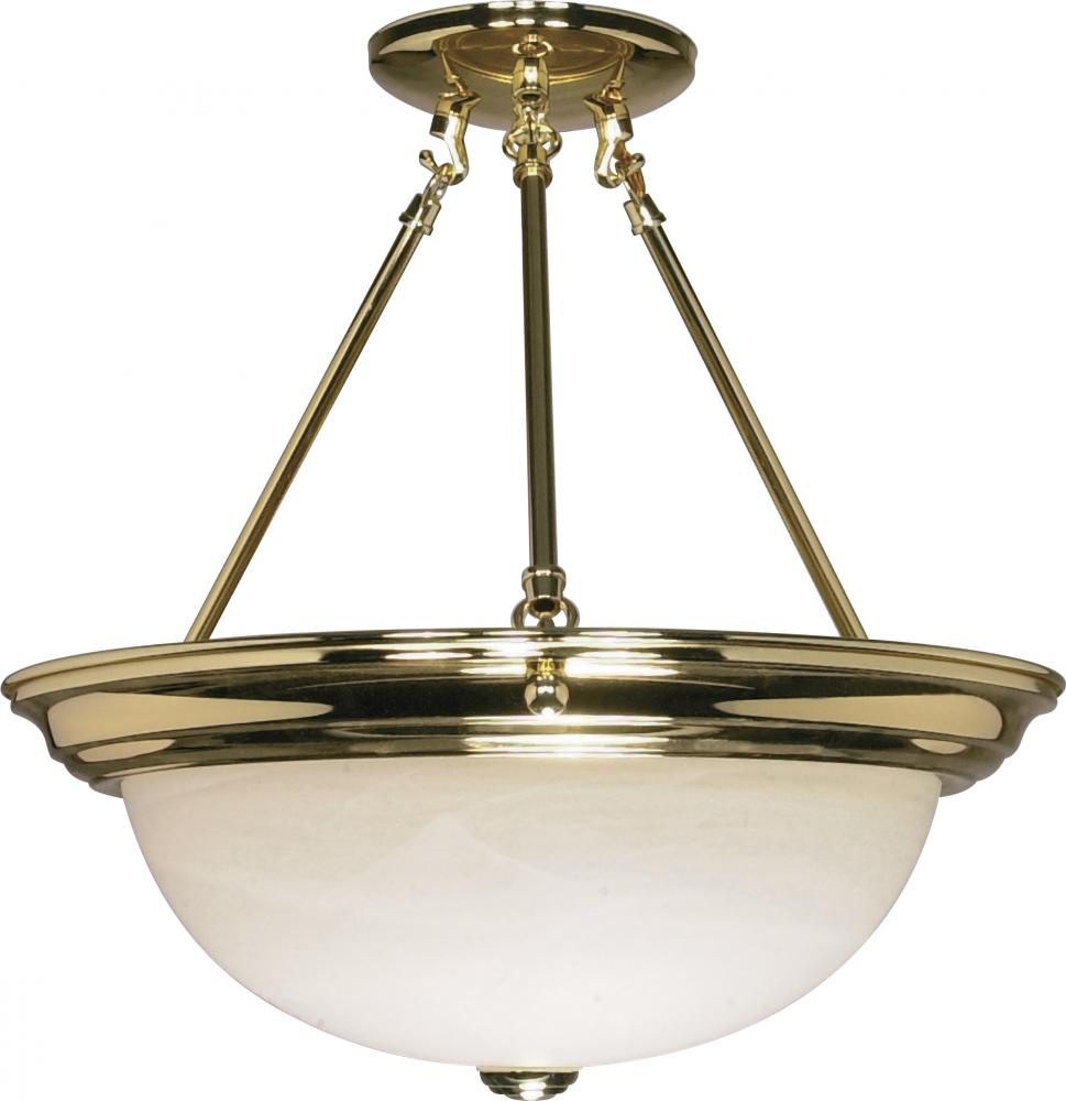 3-Light 15&#34; Semi Flush Mount Lighting Fixture in Polished Brass Finish with Alabaster Glass