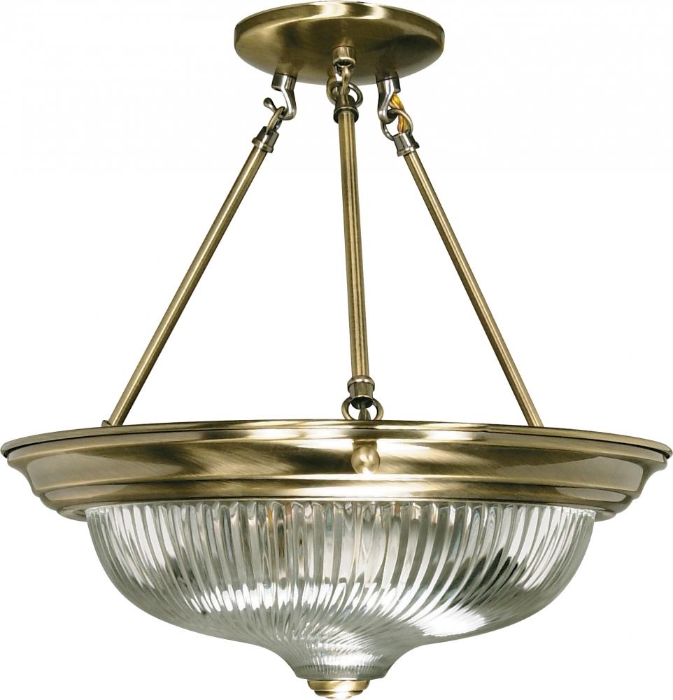 3-Light 15&#34; Semi Flush Light Fixture in Antique Brass Finish with Clear Swirl Glass