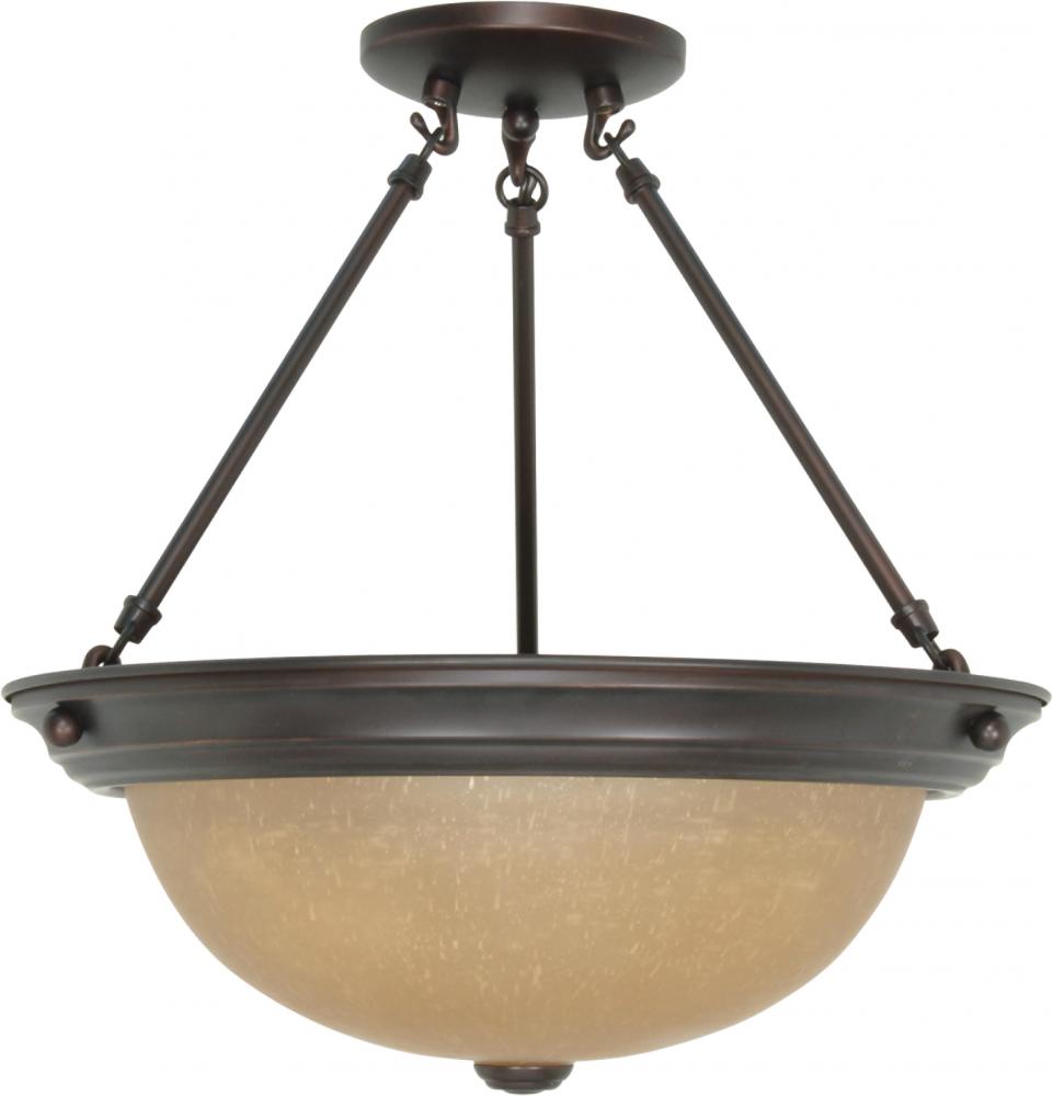 3-Light Large Semi Flush Light Fixture in Mahogany Bronze Finish with Champagne Linen Glass and (3)
