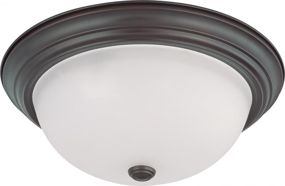 3 Light - 15&#34; Flush with Frosted White Glass - Mahogany Bronze Finish