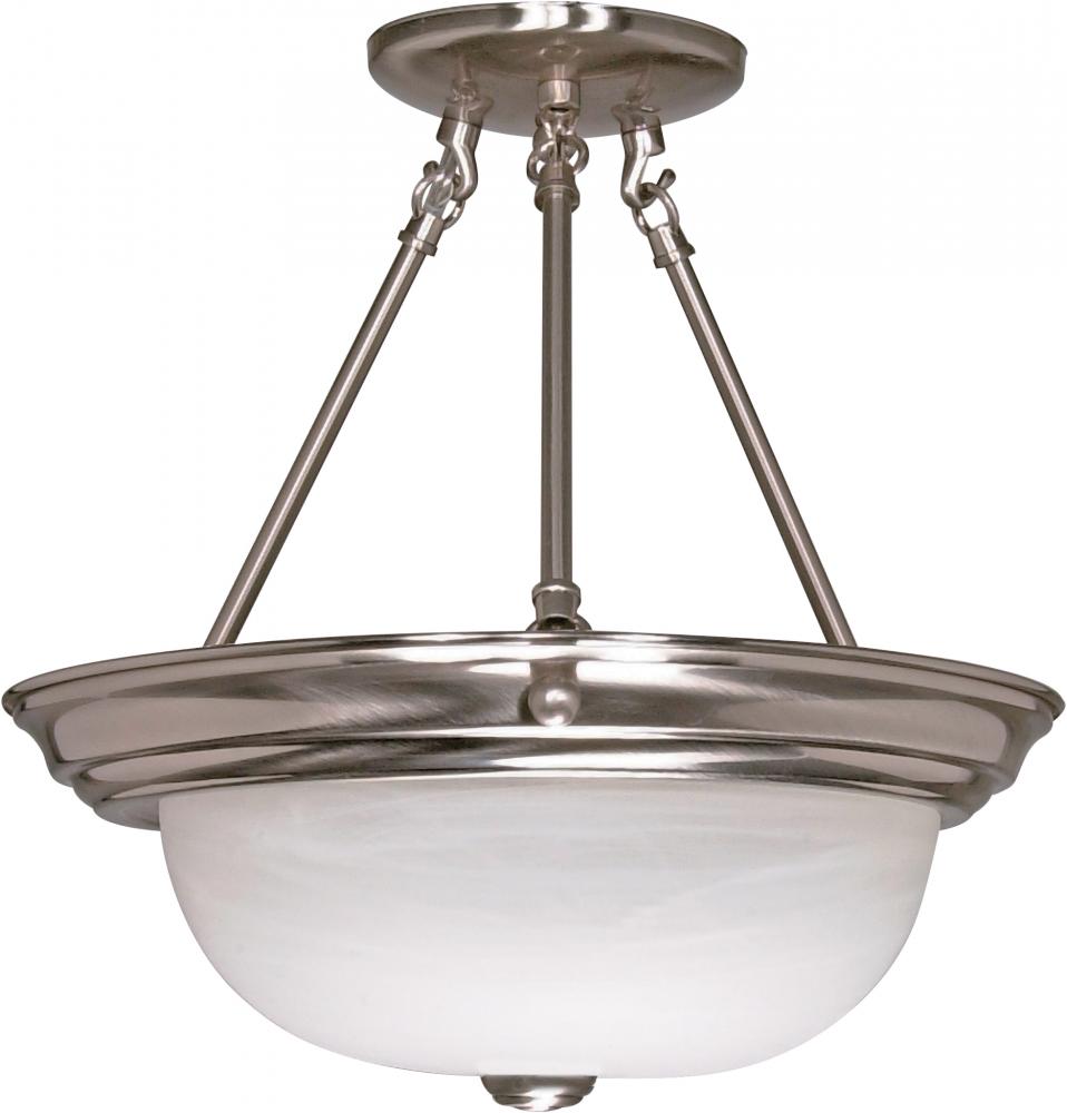 3-Light Large Semi Flush Light Fixture in Brushed Nickel Finish with Alabaster Glass and (3) 13W