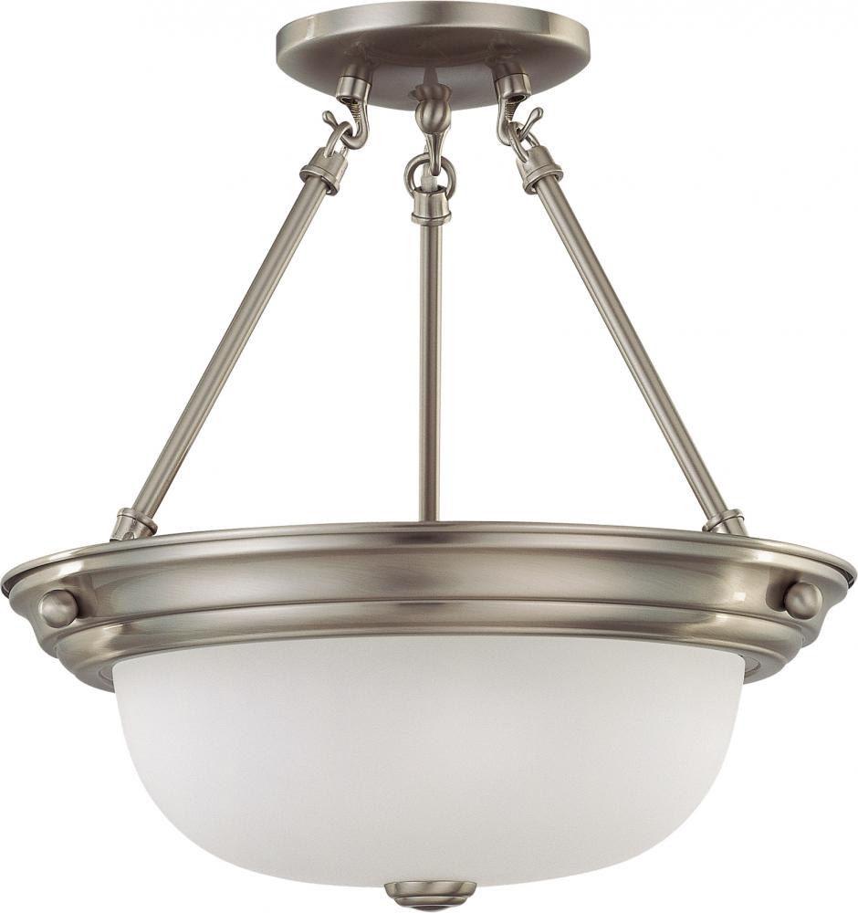 2 Light - Semi Flush with Frosted White Glass - Brushed Nickel Finish