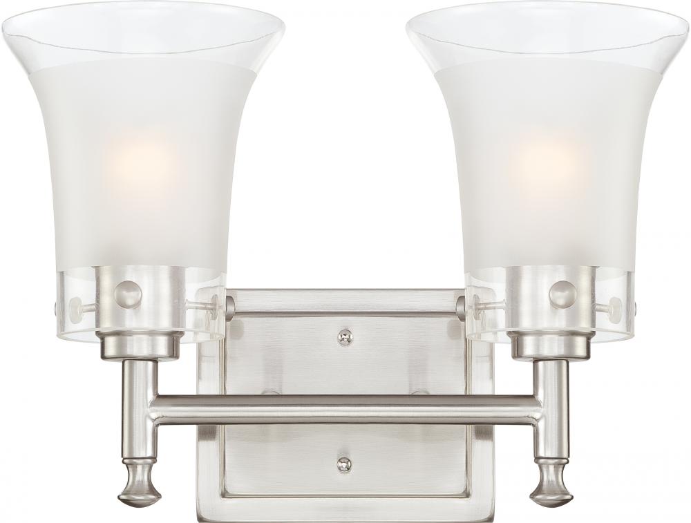 2-Light Vanity Fixture in Brushed Nickel Finish with Clear Outer & Frosted Inner Glass