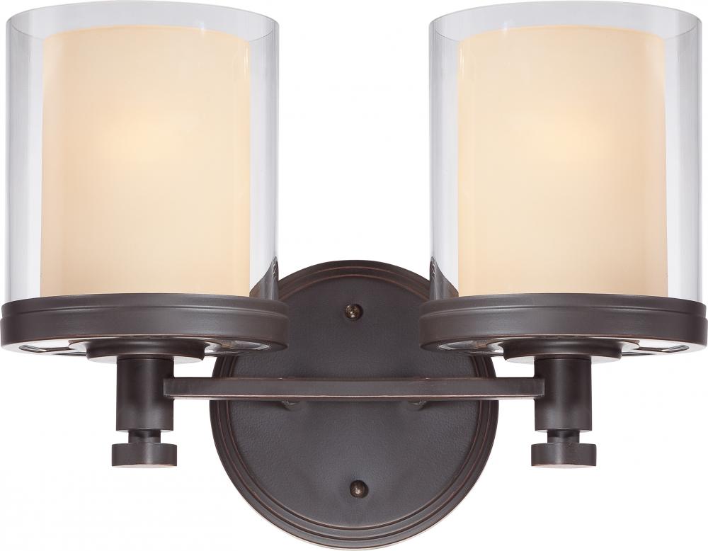 2-Light Vanity Light Fixture in Sudbury Bronze Finish with Clear Outer & Cream Inner Glass
