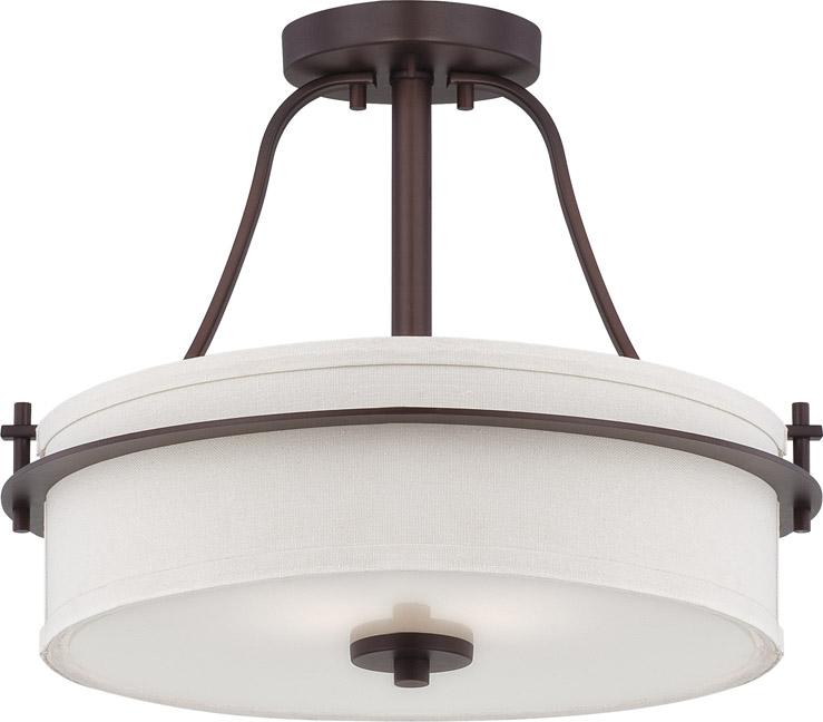2-Light Semi Flush Mount Ceiling Light in Venetian Bronze Finish with White Linen Shade