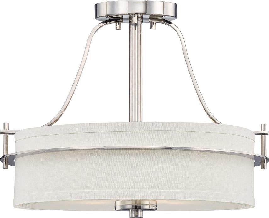 Loren - 2 Light Semi Flush with White Linen Shade - Polished Nickel Finish