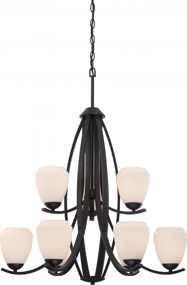 9-Light 2-Tier Chandelier in Textured Black Finish with Etched Opal Glass