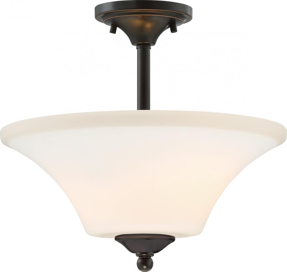 Fawn - 2 Semi Flush with Satin White Glass - Mahogany Bronze Finish