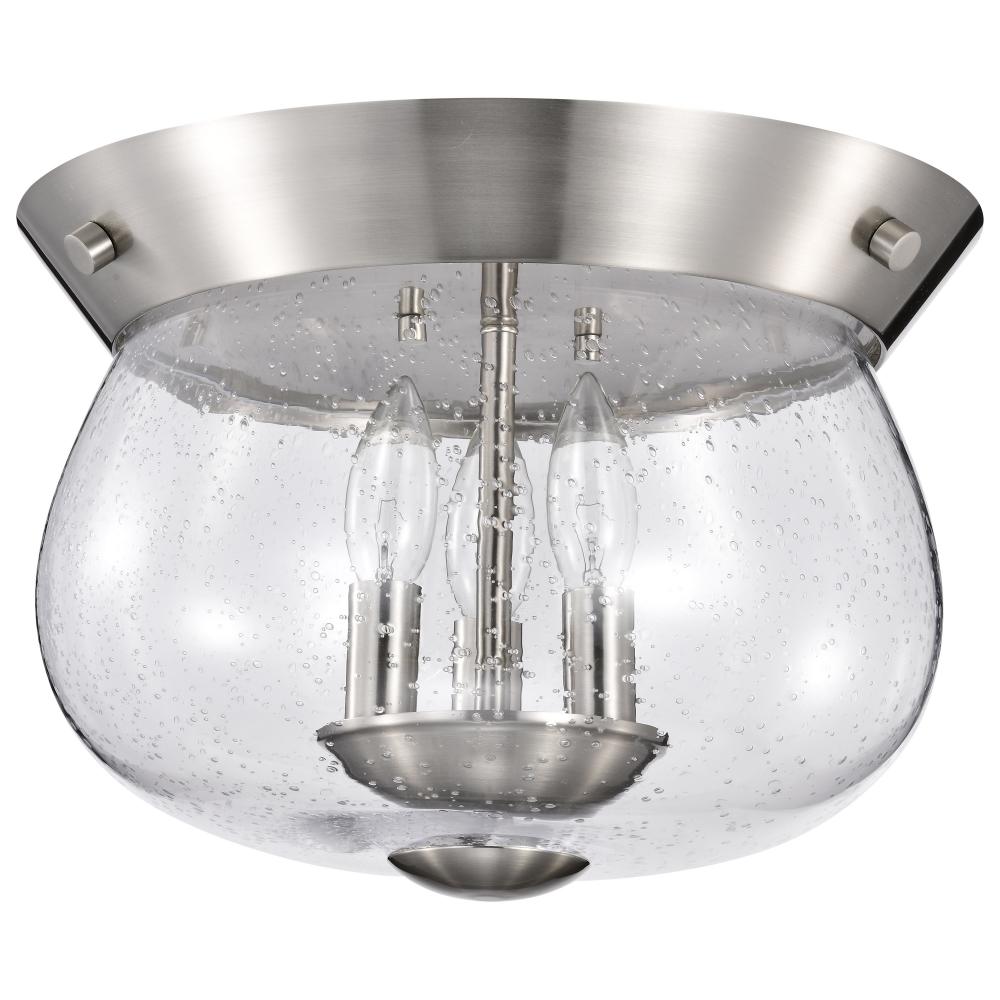 Boliver 3 Light Flush Mount; Brushed Nickel Finish; Clear Seeded Glass