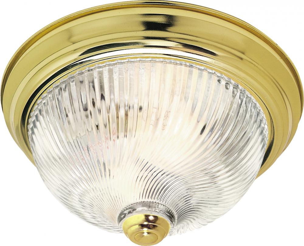 3 Light - 15&#34; Flush with Clear Ribbed Swirl Glass - Polished Brass Finish