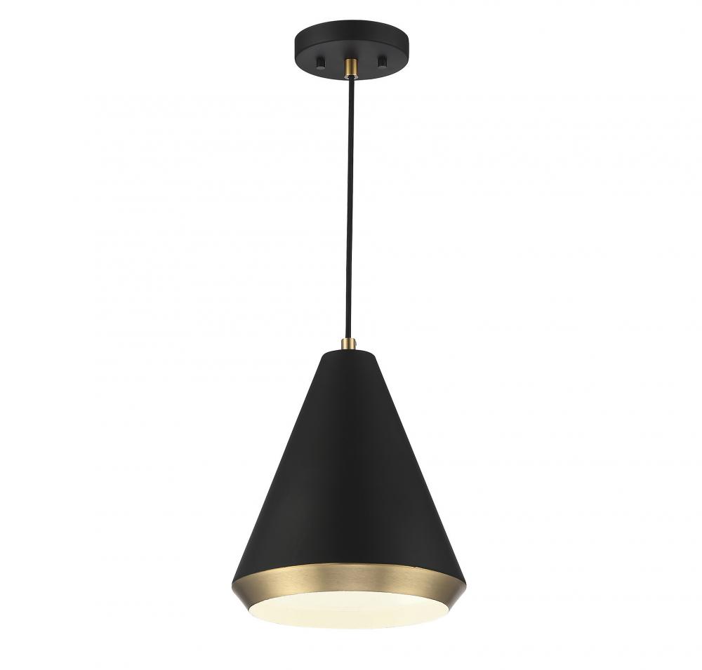 1-Light Pendant in Matte Black with Natural Brass